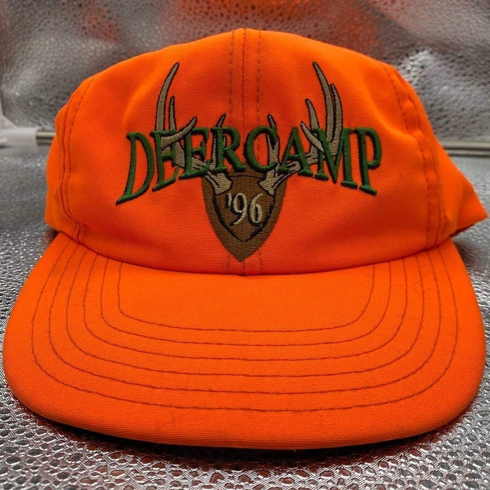 Vintage Hunting Deer Camp 96 Men OSFA Orange Snapback Trucker P Hat Cap Trophy